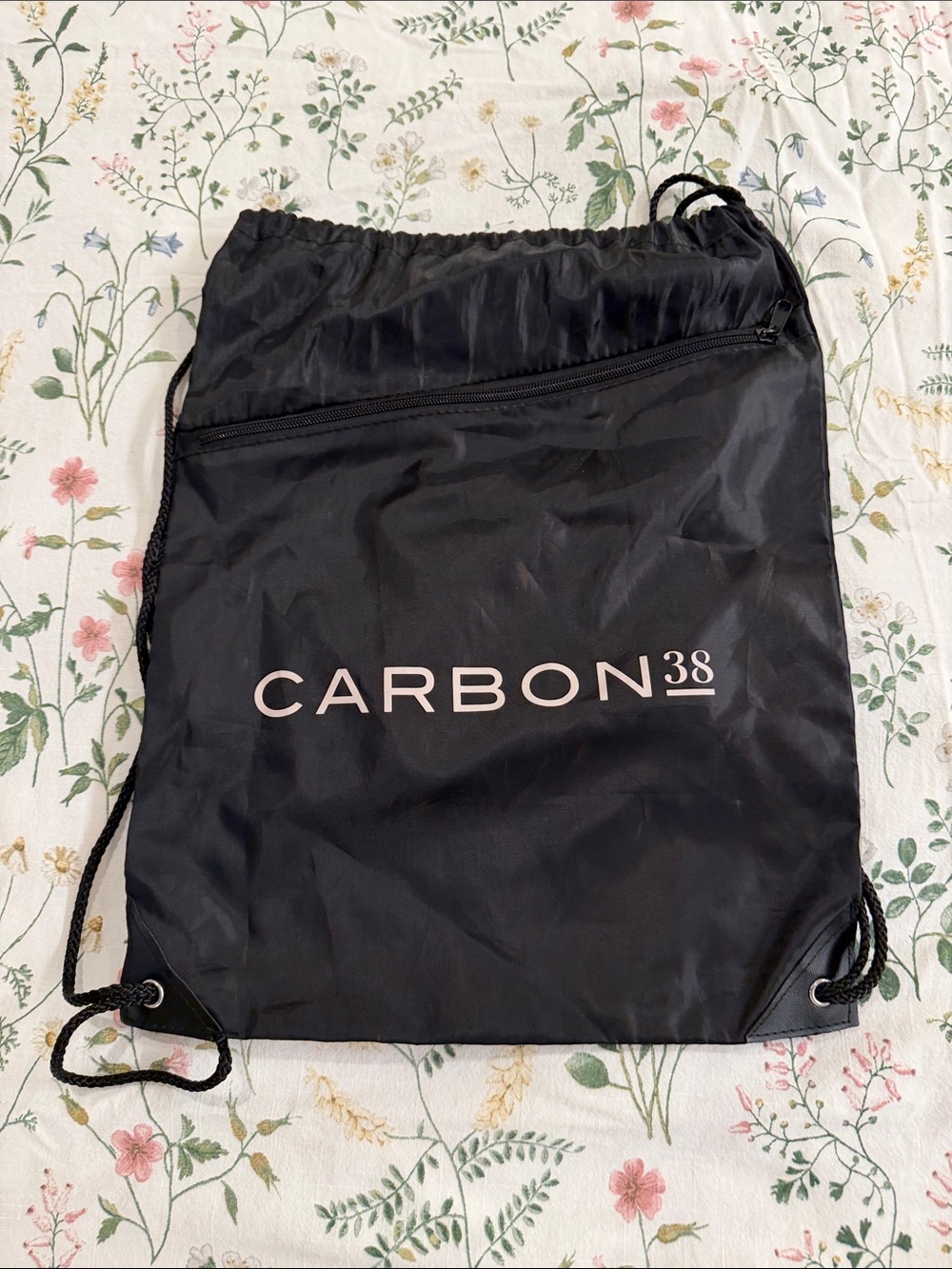 Carbon38 Black Nylon Drawstring Backpack with Front Zip